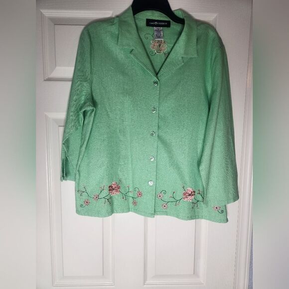 Sag Harbor 14 Green 3/4Sleeve LINEN BlendEmbroidered ButtonUp Women ShirtBlouse - Picture 1 of 6